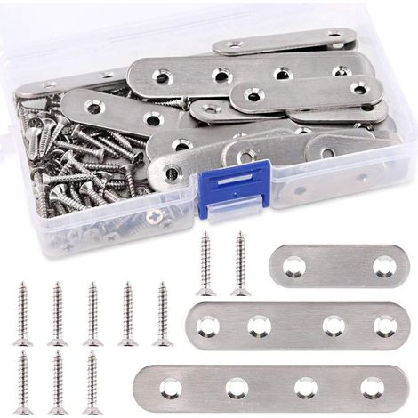 Lot de 115 équerres plates et droites en acier inoxydable de 3 tailles Supports d'étagère en métal avec vis Parfait pour réparer des plaques de réparation 50 mm/80 mm/100 mm (1/5)
