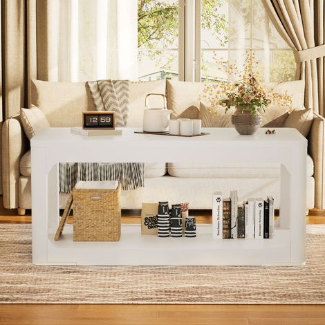 DESMIU Table basse avec 2 espaces de rangement, pour salon, blanc, 100 × 50 × 44.5 cm (1/5)