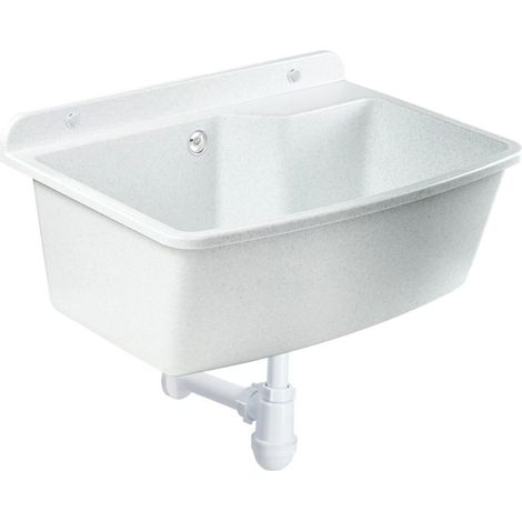 GOSPO Ausgussbecken, 61x44x23.5 cm, aus Kunststoff, Waschtrog, Siphon, Weiß/Grau (1/5)