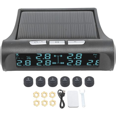 Kabelloses, solarbetriebenes Reifendruckkontrollsystem (TPMS) mit LCD-Bildschirm und 6 Sensoren, IP68 wasserdicht für Anhänger, Wohnmobile, Vans, SUVs, Pickups und Busse.
