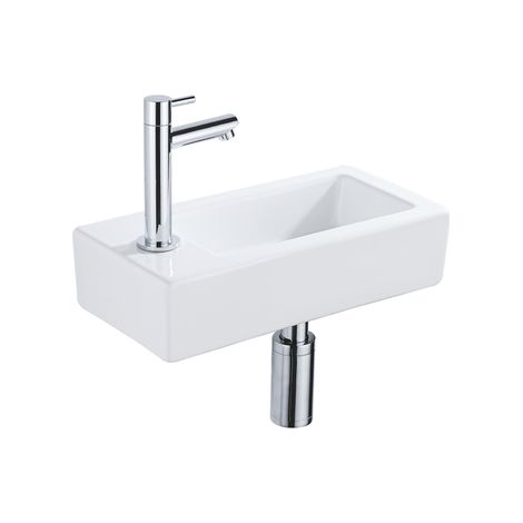 FugaFlow Efficiente Pietra Ensemble de fontaine - 37,5x18,5x9cm - céramique - trou de robinet à gauche - robinet de fontaine chrome - bouchon de (1/5)
