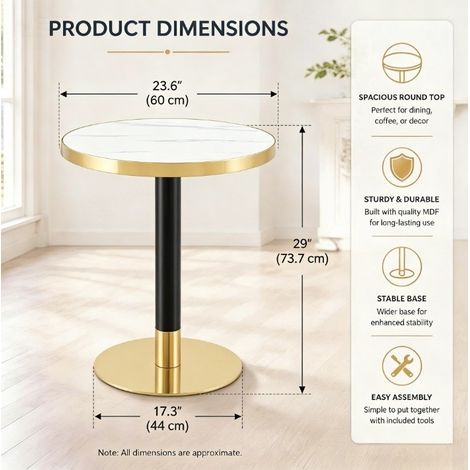 Table d'appoint ronde 60x73,7 cm, table basse pour salon ou balcon, plateau effet marbre blanc, structure en métal or/noir (1/5)