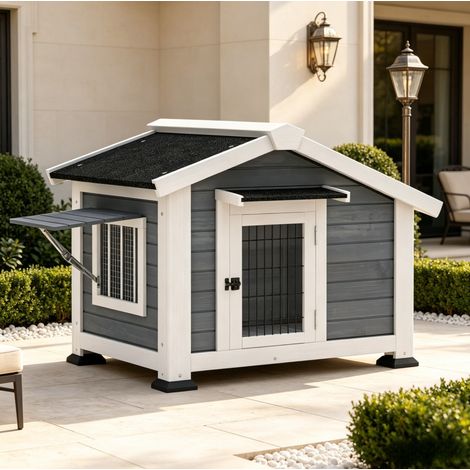 Cuccia rialzata per cane 98x76x69,5 cm in legno e metallo grigio, tetto impermeabile – MEUBLIV (1/5)