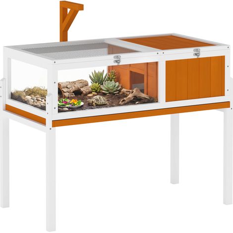 Schildkrötenhaus aus Holz Schildkrötengehege mit Haupthaus, Sichtfenster, Deckel, 104cm x 53cm x 82cm, Weiß+Orange (1/5)