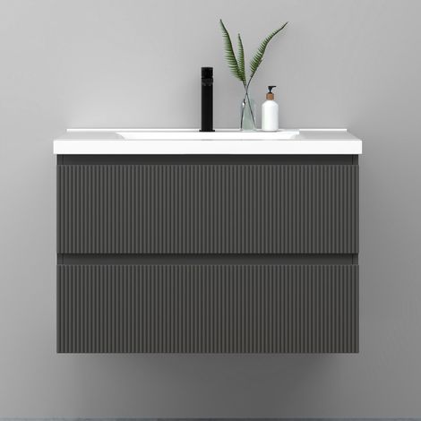 Meuble de salle de bain suspendu Strié 80cm avec simple vasque + 2 tiroirs, Anthracite