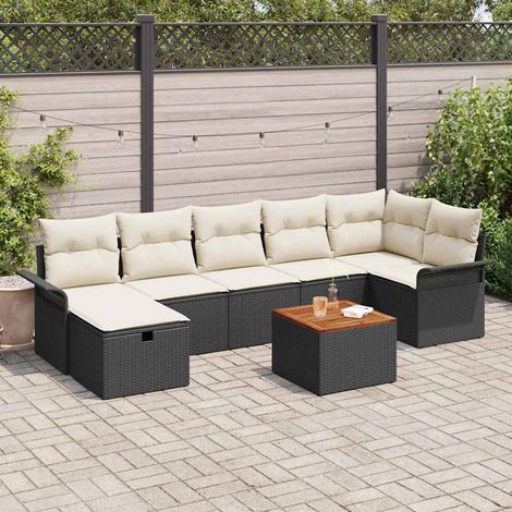 Ensemble de jardin en poly rotin noir 9 pièces avec table et coussins (1/5)