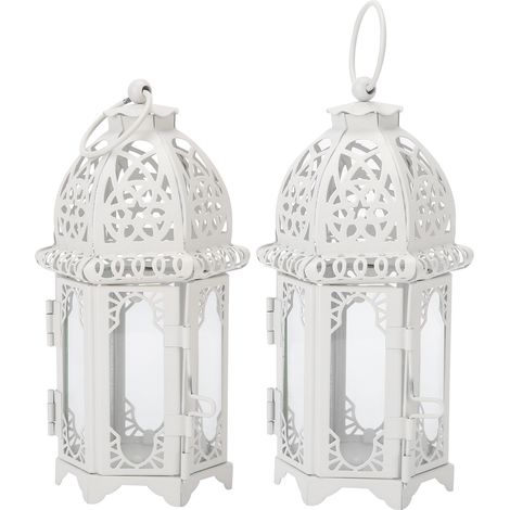 Lot de 2 bougeoirs décoratifs blancs transparents en fer forgé romantique, en forme de château. (1/5)