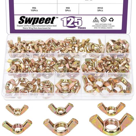 125Pcs 6Sizes M3 M4 M5 M6 M8 M10 Kit d'assortiment d'écrous de papillon en acier au carbone zinqué de couleur métrique,Torsion à la main serrer l'oreille écrou papillon de fixation en métal (1/5)