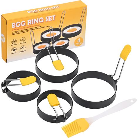 Lot de 4 omelettes, anneaux à œufs antiadhésifs, moule à omelette en inox avec pinceau et manche en silicone anti-brûlure pour omelettes, pain de viande, crêpes (1/5)