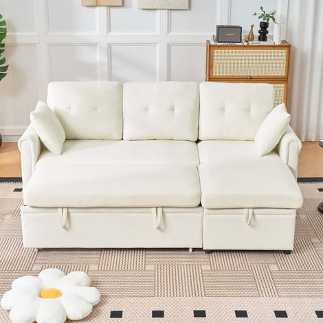 Ecksofa (206x130x85 cm), Schlaffunktion, beidseitig montierbare Chaiselongue, Bettkasten, Chenille, Beige (1/5)