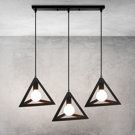 Suspension Luminaire Industrielle 3 Lumières en Barre Plafonnier Lustre Cage Triangulaire Métal Noir (1/5)