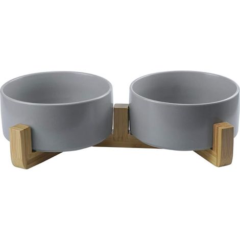 Filiyano – support en bambou – Lot de 2 gamelles grises en céramique avec support en bambou - Conviennent aux chats et aux chiens, compatibles (1/5)