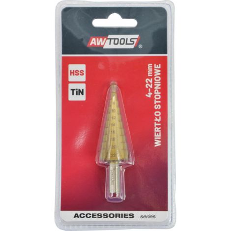 Broca escalonada Aw, HSS-TIN, 4-22mm, alta resistencia, recubrimiento de titanio, ideal para perforar metales, plásticos y madera, máxima precisión y durabilidad. (1/2)
