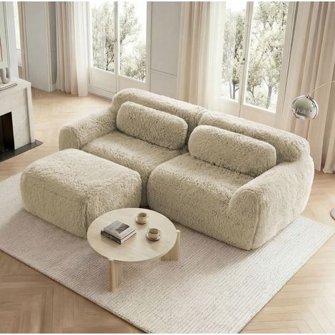 Sofa modular L-Form 2-Sitzer aus Plüsch Hellkhaki OKMYHOME (1/5)