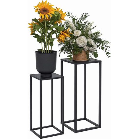 Ensemble de 2 supports pour plantes, tabourets pour plantes avec pieds en acier, design scandinave, supports à fleurs pour jardin, balcon, noir. (1/5)