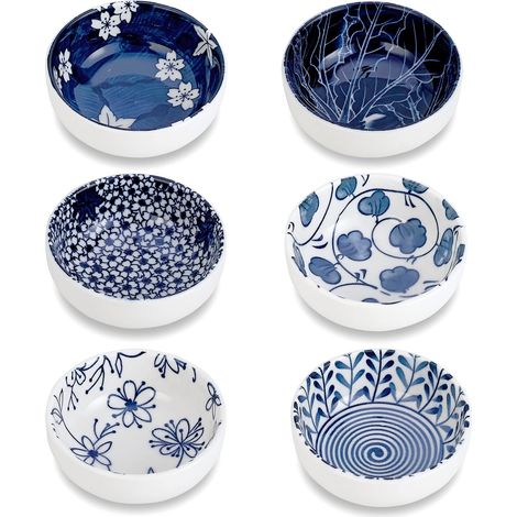Lot de 6 bols plongeurs en céramique de style japonais, petits bols à presser de 3 '' pour sauce latérale, plats pour sushis, collation et soja, barbecue, mini bol bleu et blanc de 2,5 oz pour (1/5)