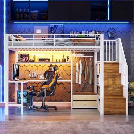 Lit mezzanine 90x200 cm avec LED, 2 tiroirs, bureau, échelle de rangement, grille pour suspendre des objets, structure métal, blanc