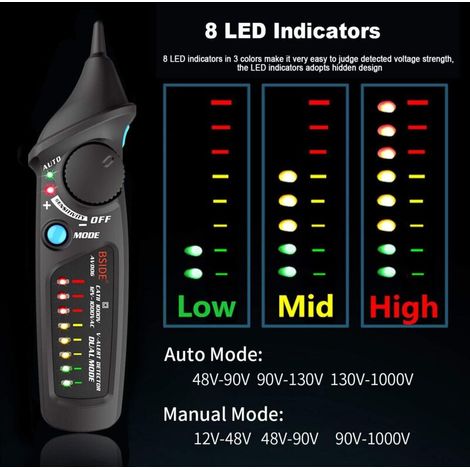 AVD06 Détecteur de tension sans contact NCV Testeur de tension CA 12 à 1000V Mode automatique et manuel Sensibilité réglable avec indicateur LED couleur et lampe de poche (1/4)