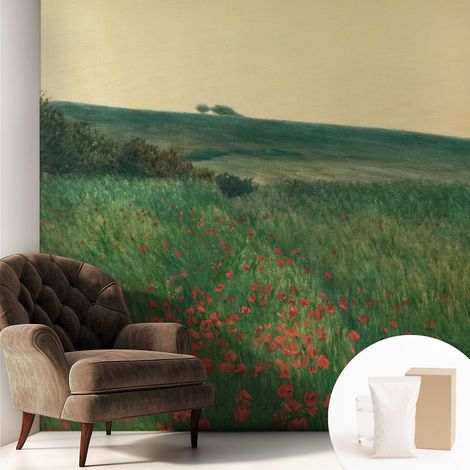 Papier peint intissé mural avec colle pour salon et chambre Décoration murale rapide - Colle incluse gratuite Champs de pavots 250x250 cm (1/5)