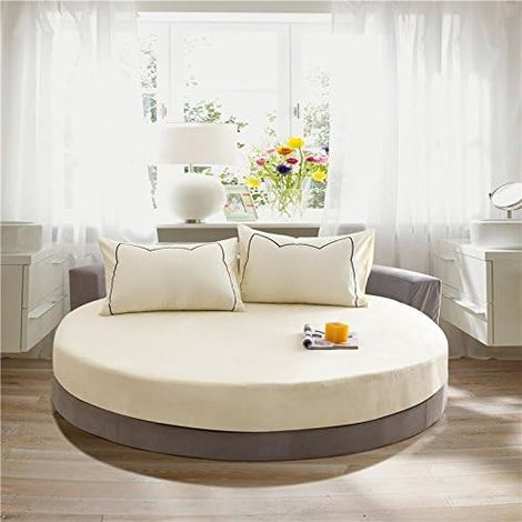 Drap Housse Rond, Doux Drap-Housse en Coton Élastique Respirant Housse de Matelas Confortable Couleur Unie Couvre-lit pour Thème Hôtel (220x220+25cm,Beige) (1/5)