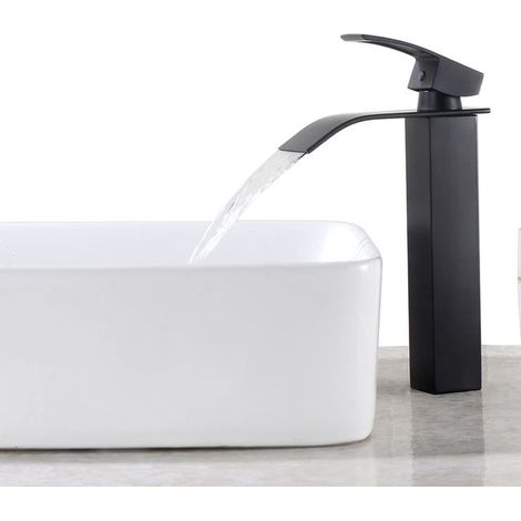 Mitigeur Lavabo Cascade Noir Moderne, Robinet Vasque à Poser pour Salle de Bain, Mélangeur Robinetterie Élégant pour Lavabo, Finition Mate (1/4)