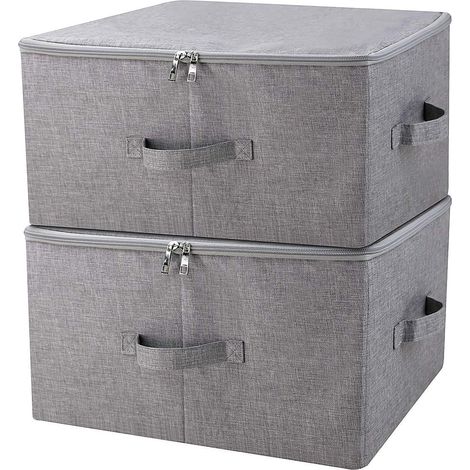 Folding Storage Box with Zippered Lid and Handles, Storage Basket with Linen Fabric, Removable Closet Drawer Dividers, Dark Gray, 2 Pieces (1/5)