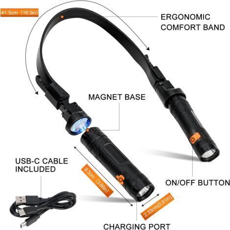 Lampe de lecture rechargeable pour le cou avec tête magnétique amovible, inclinaison flexible à 120°, LED ultra-lumineuse, idéale pour les réparations et le camping. (1/4)