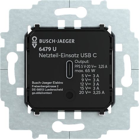 Busch-Jaeger Bloc d'alimentation USB USB station de charge avec USB C noir (6479 U), 2CKA006400A0436