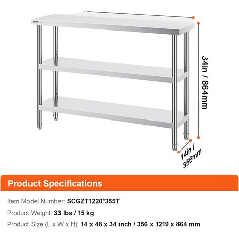 Table de préparation alimentaire, acier inoxydable, étagère inférieure réglable, 14x48inch (1/2)