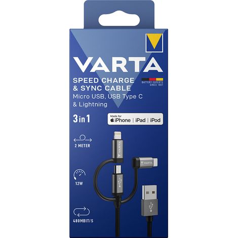 Cable USB Varta 2 m Negro 3 en 1 USB-C Micro USB Lightning (1/3)