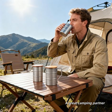 Tasse à café/Mug en acier inoxydable avec anse en bois, 370 ml - Tasse de camping incassable. Compatible lave-vaisselle et congélateur. Résistante aux feux de camp. Le mug idéal pour les amateurs de b (1/4)