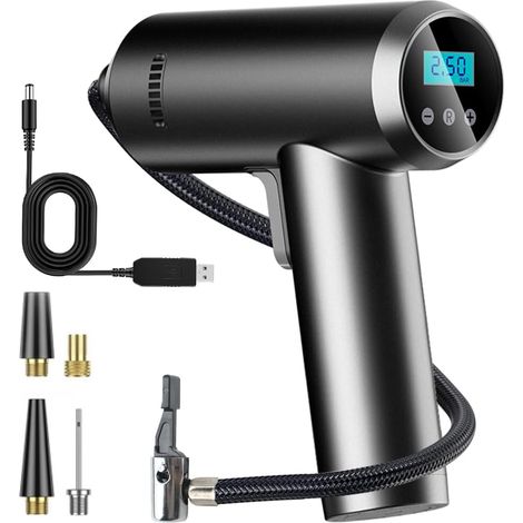 Akku-Reifenfüller, tragbarer Luftkompressor, 150 PSI tragbare wiederaufladbare elektrische Luftpumpe mit intelligentem digitalen Manometer, LED-Leuchten, automatische Motorrad-Kugelabschaltung (1/5)