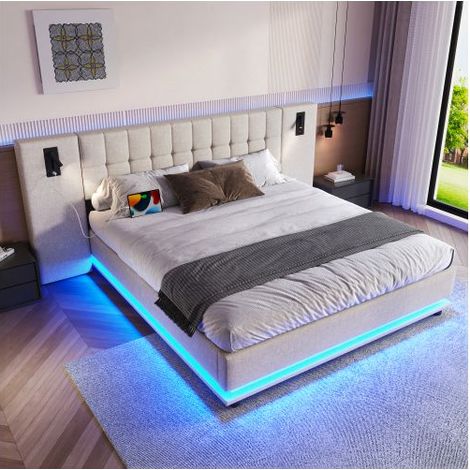 Lit rembourré - SOGEU - 180x200 cm - Lin beige - LED multicolore - Ports USB & spot de lecture (1/5)