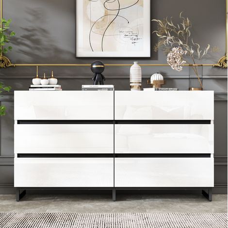 Buffet 140 x 39,5 x 78,5 cm à 6 tiroirs, façades brillantes, blanc et noir DESVIAE (1/5)