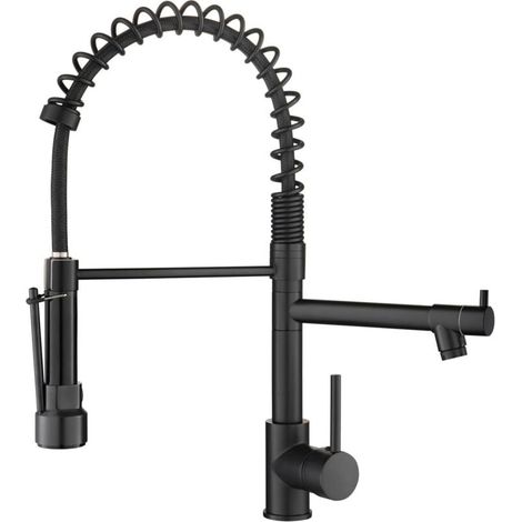 Robinet d'évier de cuisine avec douchette extractible, robinet de cuisine contemporain en acier inoxydable à poignée unique et ressort, deux sorties avec plaque de montage noire (1/4)