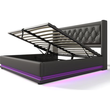 Letto contenitore matrimoniale 140 x 200 cm nero in PU con LED e porte USB Type-C (1/5)