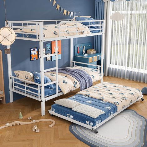 Letto a castello bambini 90x200 cm con letto aggiuntivo 90x190 cm, struttura in ferro, 3 posti, bianco, senza materasso (1/5)