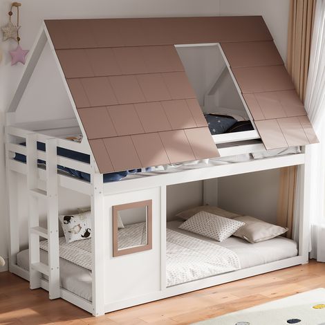 Letto a castello a casetta rustico in legno bianco e marrone 140x200 cm con tetto, finestra, scala e rete a doghe