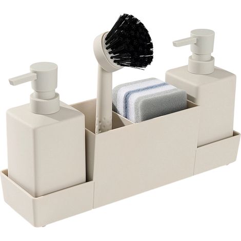 Distributeur Vaisselle - 2 Réservoirs 350 ml - Organisateur Évier Cuisine Salle De Bain - Avec Brosse Et Éponges - Lot Complet (1/5)