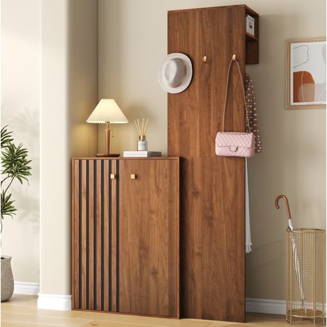 Set ingresso 115x38,5x191,5 cm in MDF noce con scarpiera e appendiabiti - MEUBLIV (1/5)