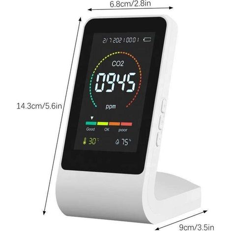 Monitor detector de CO2, sensor de dióxido de carbono CO2, sensor de calidad del aire con cable USB, detector de temperatura y humedad, para casa, oficina y coche (blanco). (1/5)