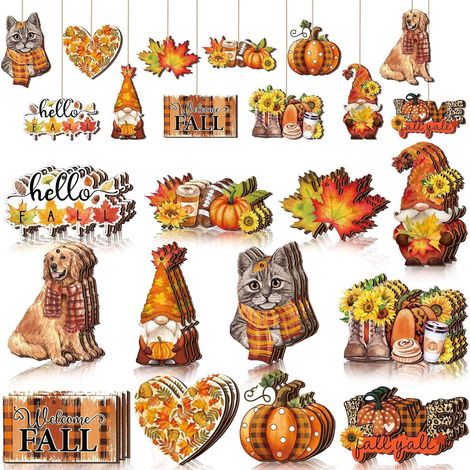 Ornement Bois Automne - Décoration Arbre Fête Récolte Citrouille Feuille Érable Nain - 12 Pièces (1/5)