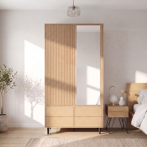 Armadio a 2 ante, armadio con specchio, 200 x 90 x 45 cm, armadio per camera da letto, 1 asta appendiabiti, 4 ripiani, 4 cassetti, armadio moderno per camera da letto, effetto rovere (1/5)