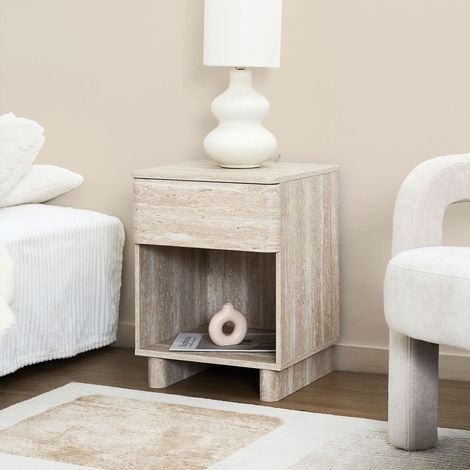 The Home Deco Factory – Table de chevet effet pierre blanc et beige – Compact avec tiroir et niche ouverte – Design contemporain pour chambre