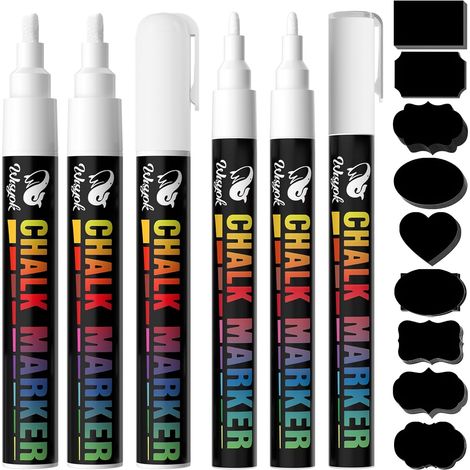 Lot de 6 Feutre Craie Blanche Avec 45 étiquettes, Marqueur Blanc Indelebile, Marqueur Tableau Noir Effacable, Marqueur Craie Double Pointe pour fenêtres et tableaux noirs - 3mm (1/5)