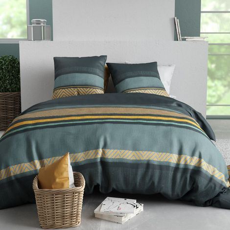 Parure housse de couette 260x240cm + 2 taies motif graphique bleu et jaune 100% coton - STRALA (1/4)