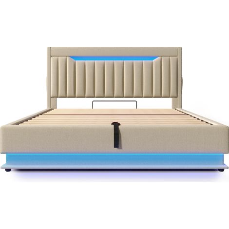 Cama doble 140x200 cm con colchón, cabecero con almacenaje, LED, USB y Type-C, beige (1/5)