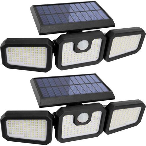 Lot de 2 lampes solaires d'extérieur à 210 LED 2500 lm Détecteur de mouvement Éclairage solaire Étanche IP65 3 têtes Spot Projecteur mural Grand angle 360° pour garage, cour, porche (1/4)