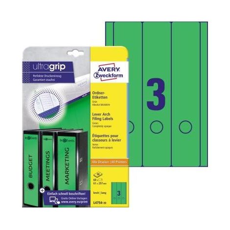 AVERY ZWECKFORM Ordnerrückenetikett Avery Zweckform ultragrip breit/lang 61 x 297 mm (B x H) selbstklebend mitGriffloch grün 60 Etik./Pack. (1/5)