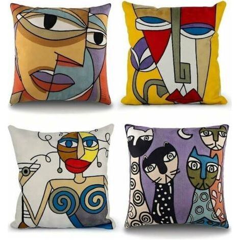 Lot de 4 Housse de Coussin Picasso 45x45 cm Coton Lin Brodé Housses Coussins Canapé Décoration Salon Scandinave Chambre Lit Fauteuil de Bureau Design Motif Visage Abstrait Vintage Colorée (1/5)